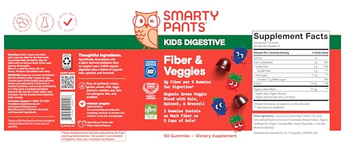 SmartyPants Kids Fiber & Veggies: Prebiotic Fiber Gummies for Kids, Fiber Supplement with Inulin, Organic Green Veggie Blend, Vegan, Gluten Free - Maple Wellness Supplements