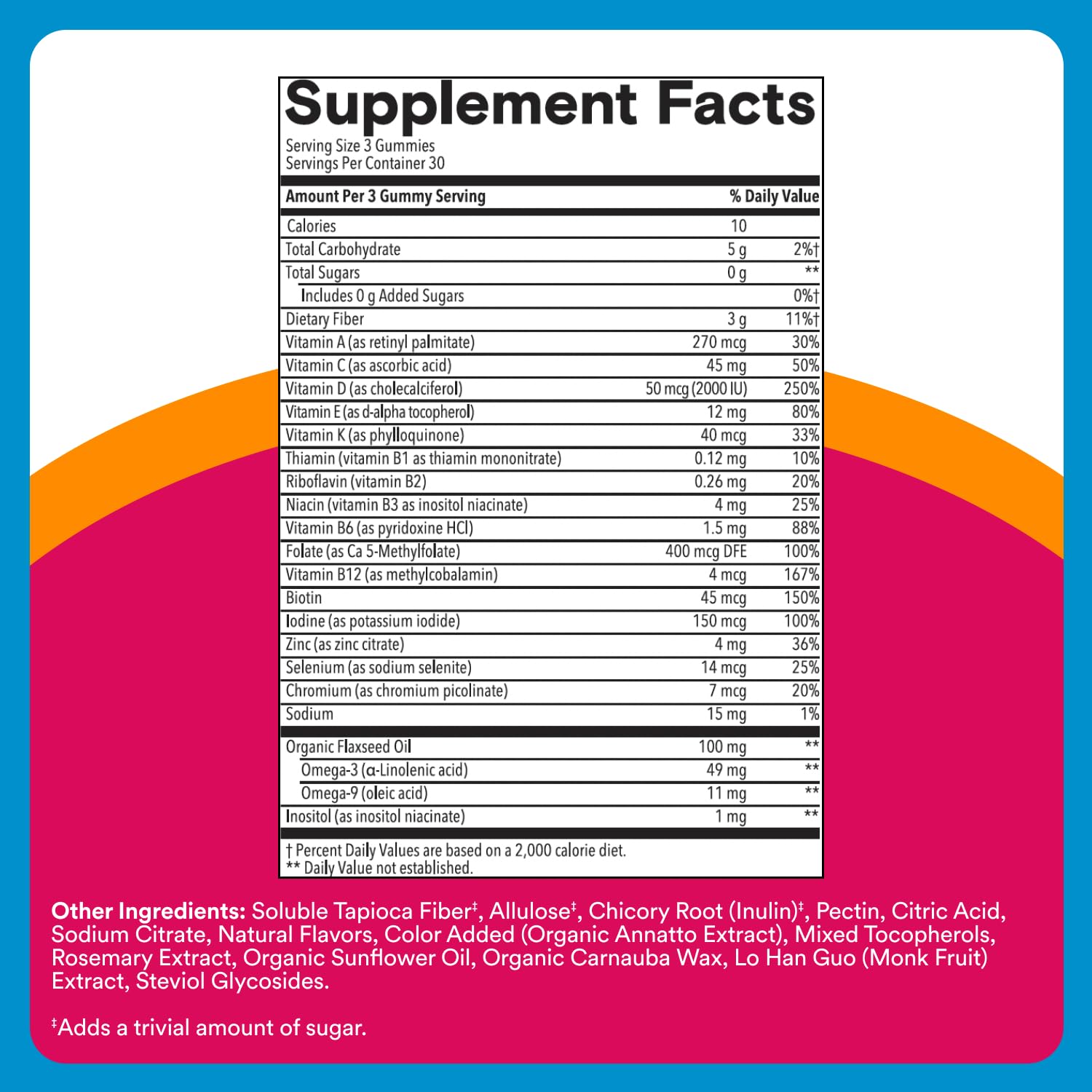 SmartyPants Zero Sugar Women’s Multivitamin Gummies: Biotin, Methylfolate, Omega 3 (ALA), Vitamin D3, C, Vitamin B12, B6, A, K, Zinc, Inositol - Maple Wellness Supplements