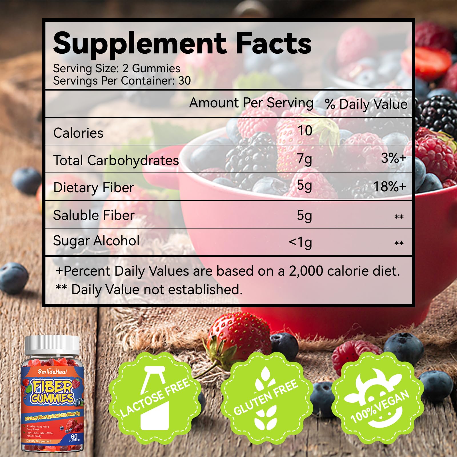 SmildeHeal Fiber Gummies, Dietary Fiber, for Women and Men, Gut Health Support, Non-GMOs, Non-Gluten, Vegan, Mixed Berry - Maple Wellness Supplements