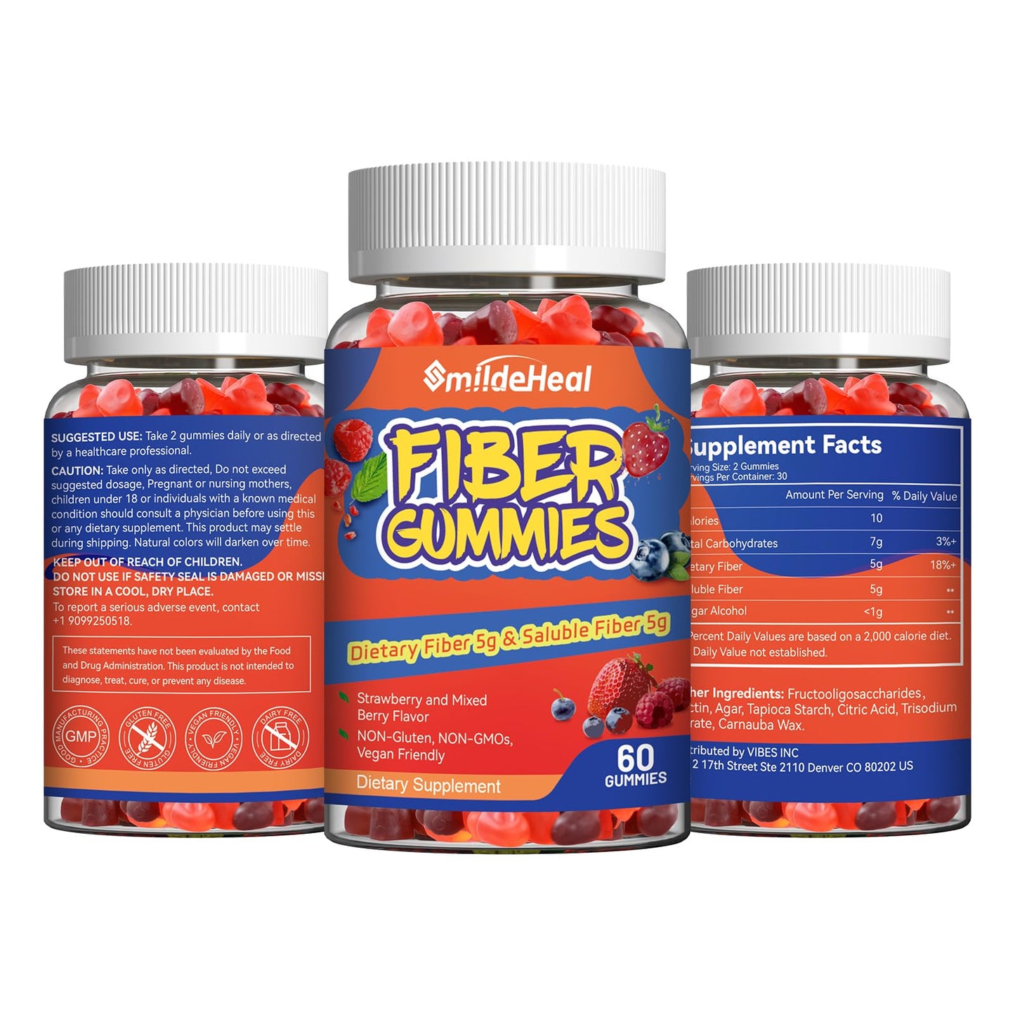SmildeHeal Fiber Gummies, Dietary Fiber, for Women and Men, Gut Health Support, Non-GMOs, Non-Gluten, Vegan, Mixed Berry - Maple Wellness Supplements