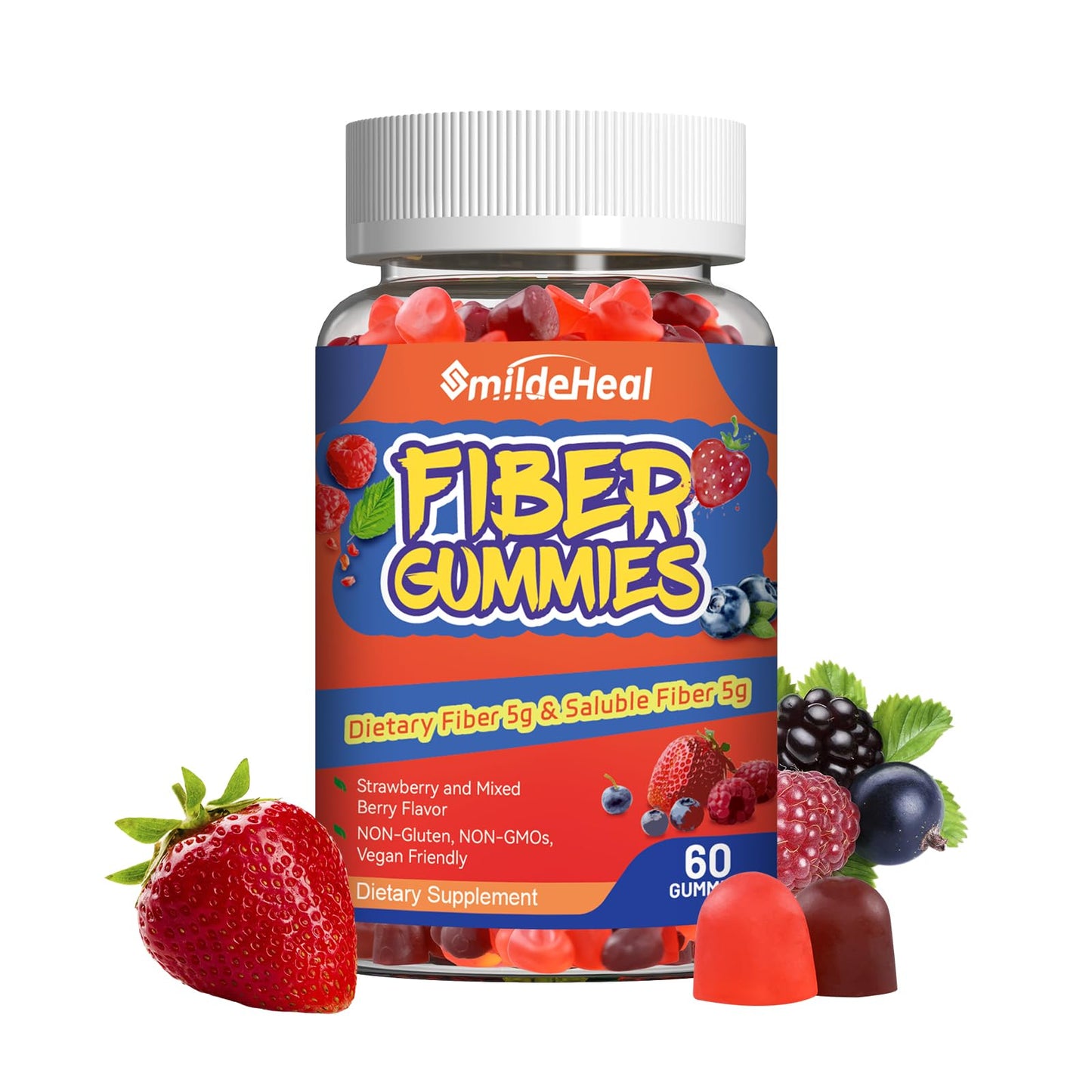 SmildeHeal Fiber Gummies, Dietary Fiber, for Women and Men, Gut Health Support, Non-GMOs, Non-Gluten, Vegan, Mixed Berry and Strawberry Flavor, 60 Count Gummies - Maple Wellness Supplements