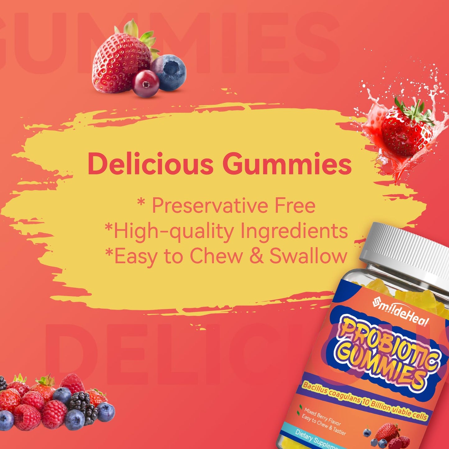 SmildeHeal Probiotic Gummies for Digestive Health - 10 Billion CFU Bacillus Coagulans - Vegan & Non-GMO - Immune & Digestive Support for Men & Women - Maple Wellness Supplements