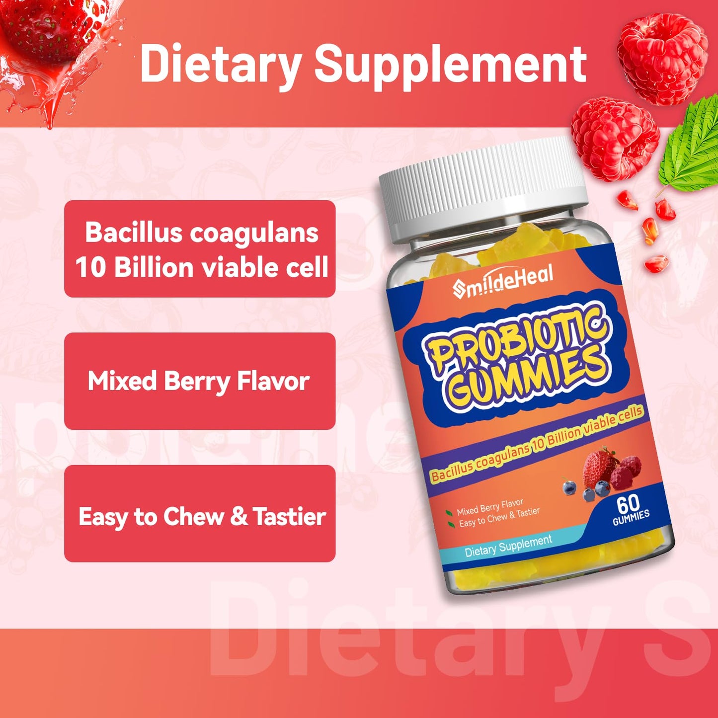 SmildeHeal Probiotic Gummies for Digestive Health - 10 Billion CFU Bacillus Coagulans - Vegan & Non-GMO - Immune & Digestive Support for Men & Women - Maple Wellness Supplements