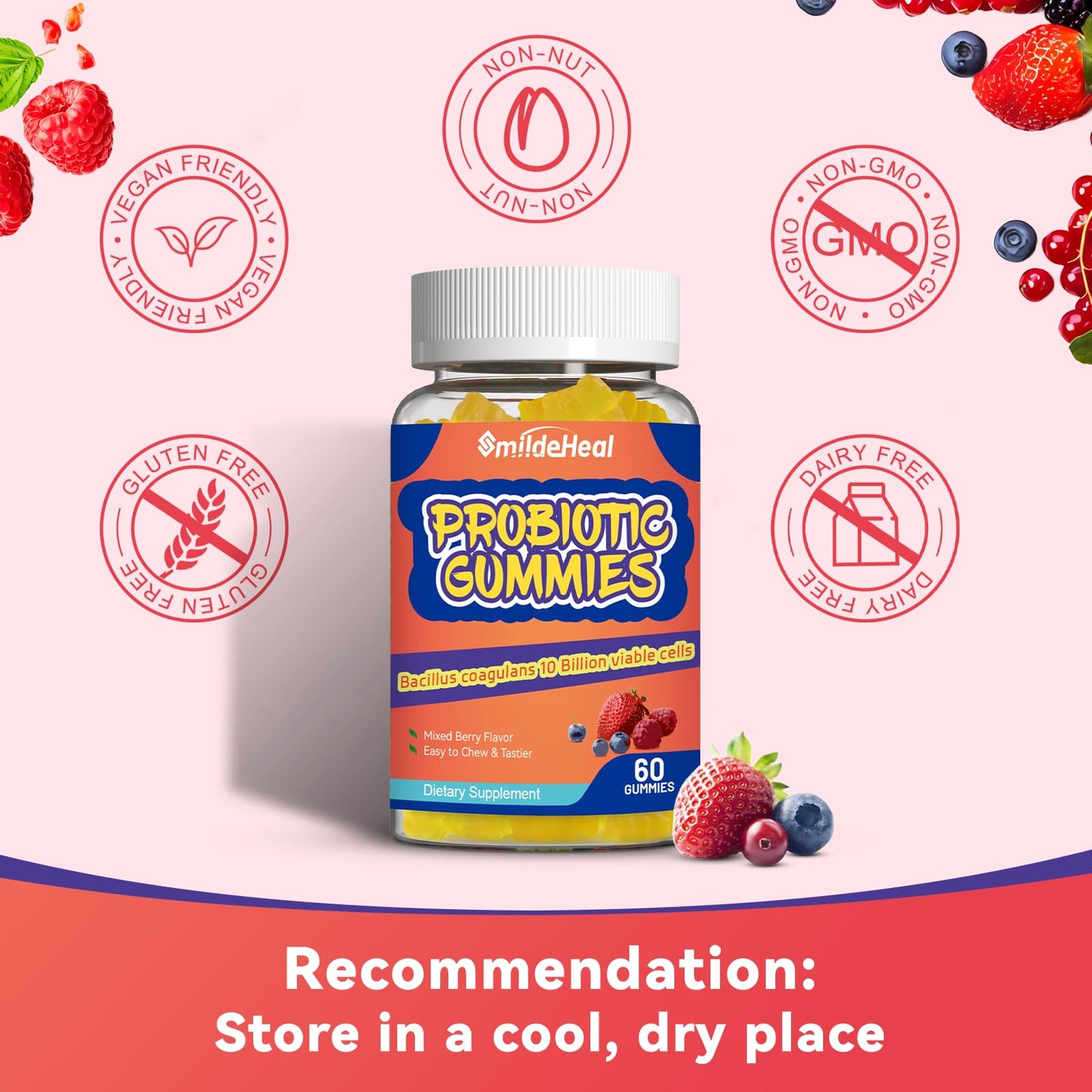 SmildeHeal Probiotic Gummies for Digestive Health - 10 Billion CFU Bacillus Coagulans - Vegan & Non-GMO - Immune & Digestive Support for Men & Women - Maple Wellness Supplements
