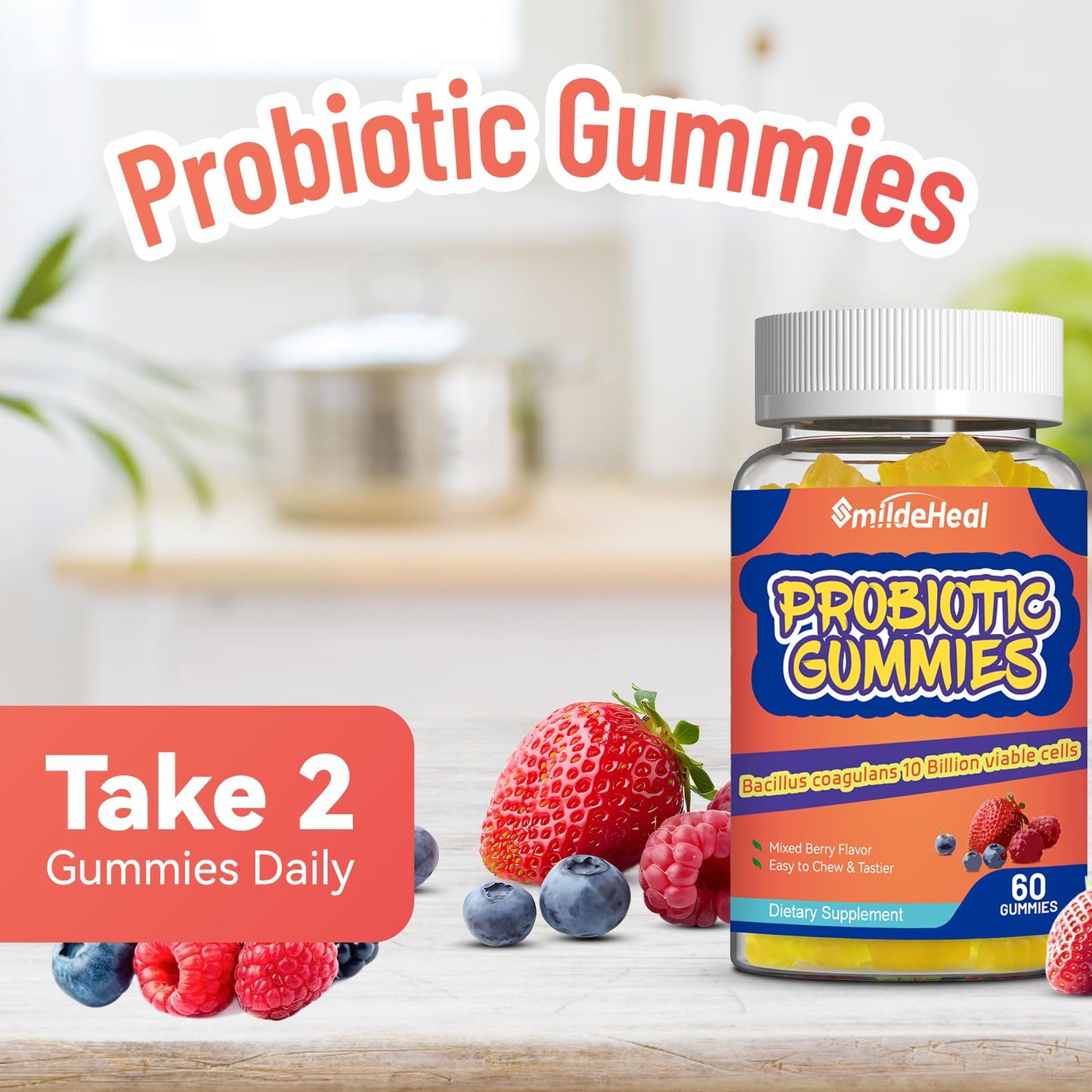 SmildeHeal Probiotic Gummies for Digestive Health - 10 Billion CFU Bacillus Coagulans - Vegan & Non-GMO - Immune & Digestive Support for Men & Women - Maple Wellness Supplements