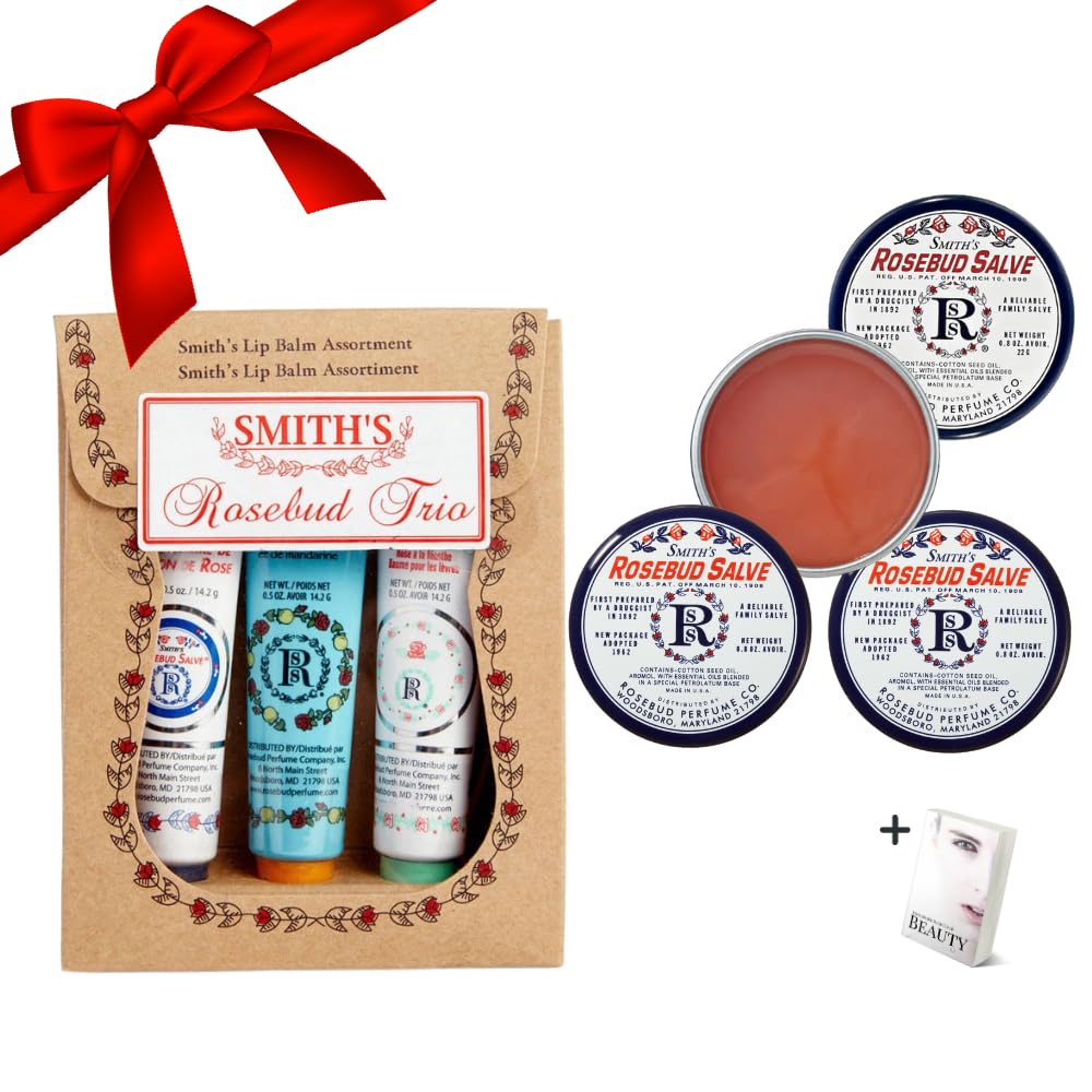 Smith's Rose Lip Balm Bulk- 3x0.5oz Premium All Purpose Lip Gloss Tubes & 3x0.8oz Lip Treatment Salve - Trio Lip Balm Tubes for Plump Lips & Cracked Skin Care - Christmas Gift Set, EBook - Maple Wellness Supplements