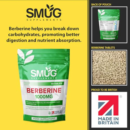 SMUG Supplements Berberine Tablets - 100 High Strength 1000mg Pills - Can Promote - Maple Wellness Supplements