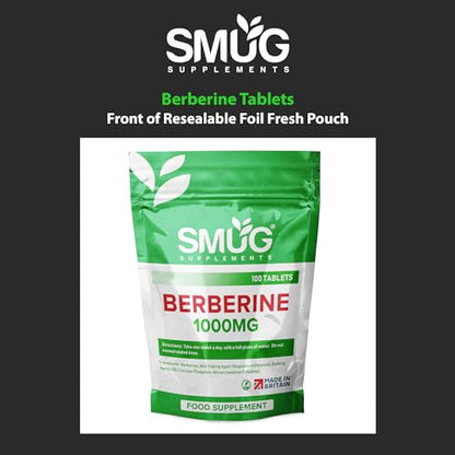SMUG Supplements Berberine Tablets - 100 High Strength 1000mg Pills - Can Promote - Maple Wellness Supplements