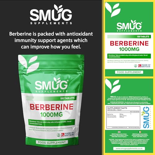 SMUG Supplements Berberine Tablets - 100 High Strength 1000mg Pills - Can Promote - Maple Wellness Supplements