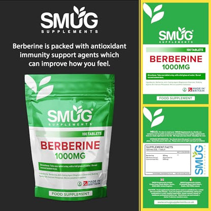 SMUG Supplements Berberine Tablets - 100 High Strength 1000mg Pills - Can Promote - Maple Wellness Supplements