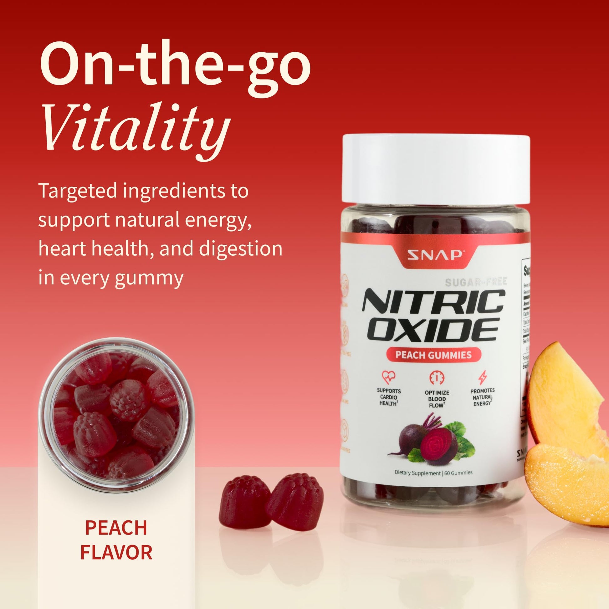 Snap Supplements Nitric Oxide Beet Root Gummies Supplement with Organic Beets - Energy & Circulation Support, 60 Sugar-Free Gummies (30 Servings, 1 Month Supply), Peach - Maple Wellness Supplements