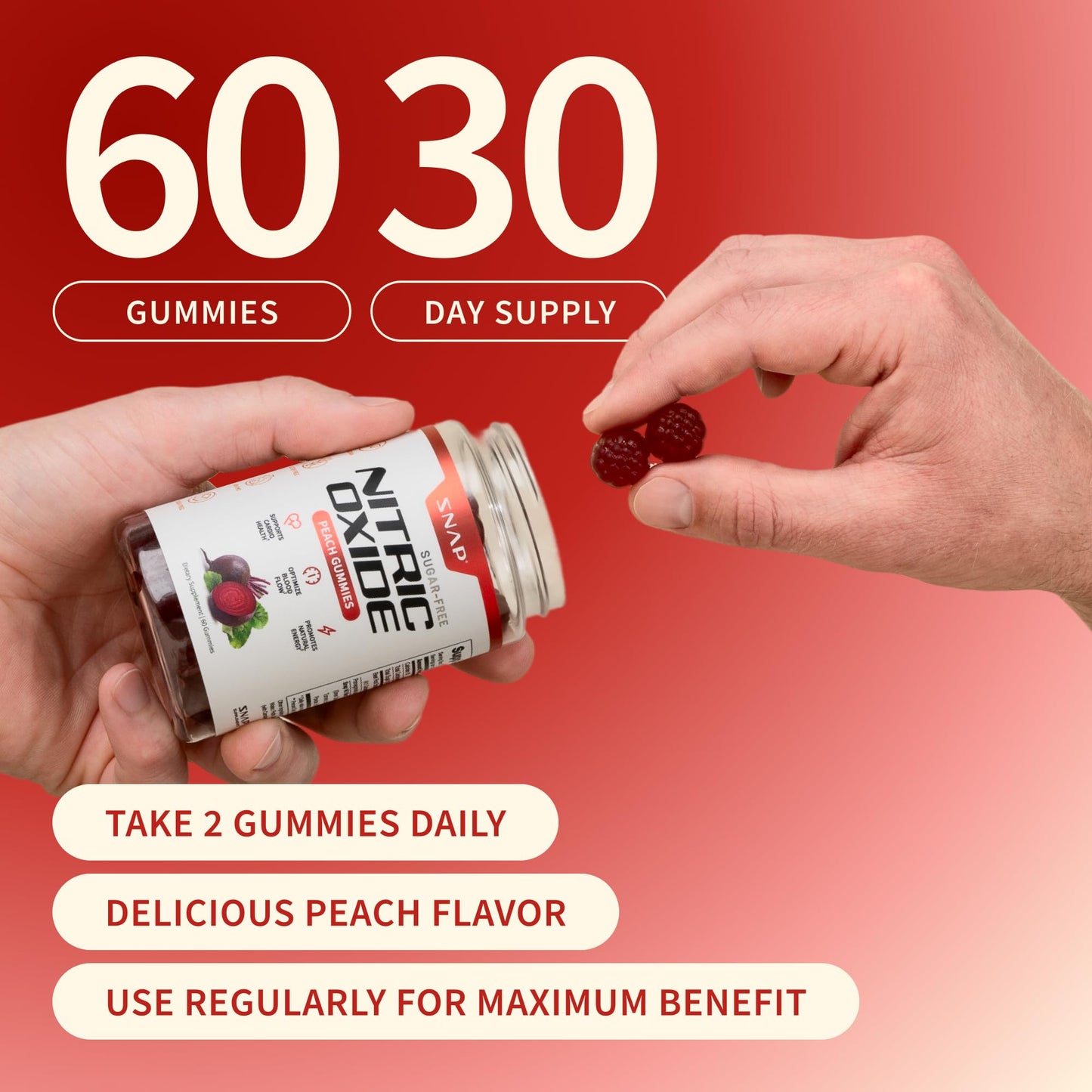 Snap Supplements Nitric Oxide Beet Root Gummies Supplement with Organic Beets - Energy & Circulation Support, 60 Sugar-Free Gummies (30 Servings, 1 Month Supply), Peach - Maple Wellness Supplements