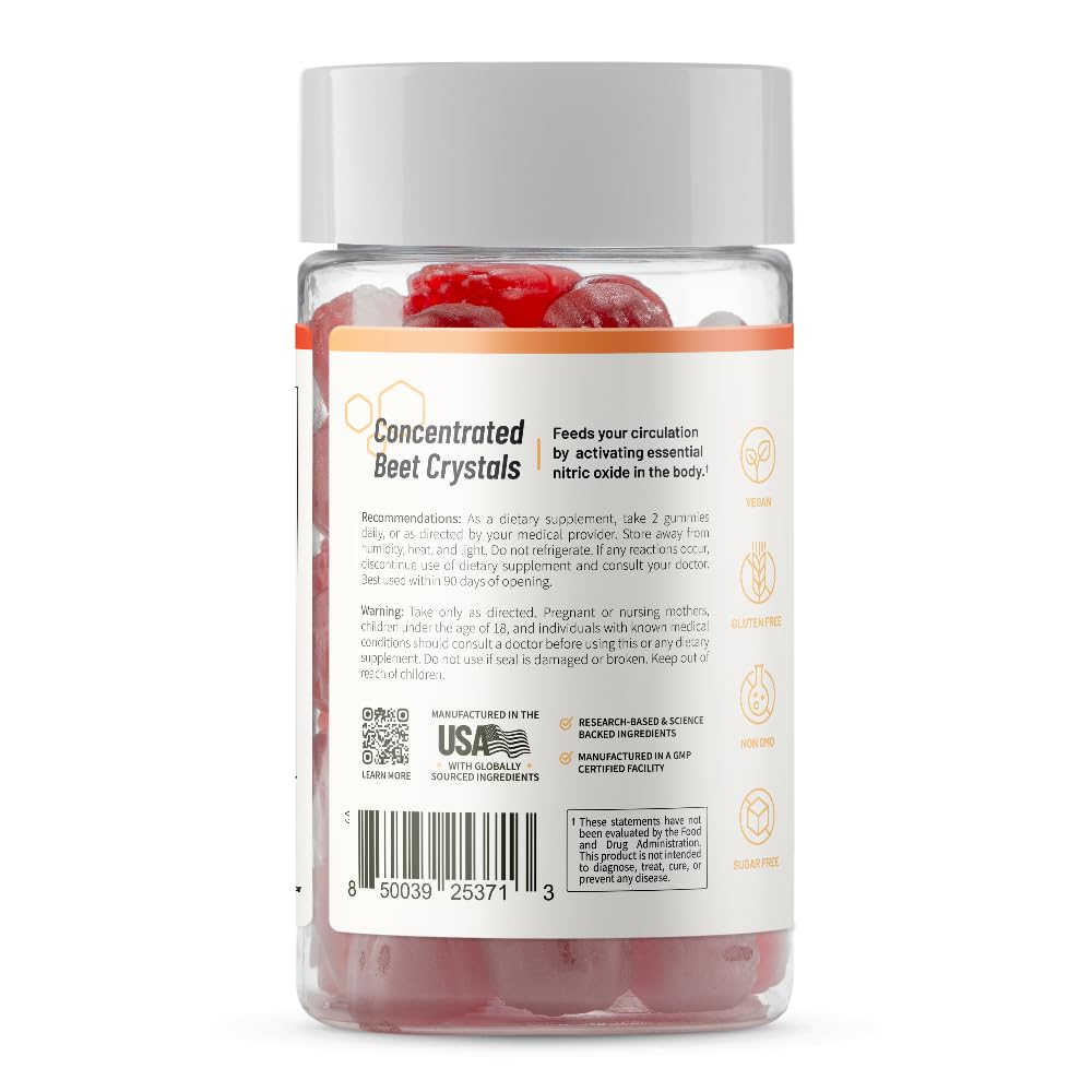 Snap Supplements Nitric Oxide Beet Root Gummies Supplement with Organic Beets - Energy & Circulation Support, 60 Sugar-Free Gummies (30 Servings, 1 Month Supply), Peach - Maple Wellness Supplements