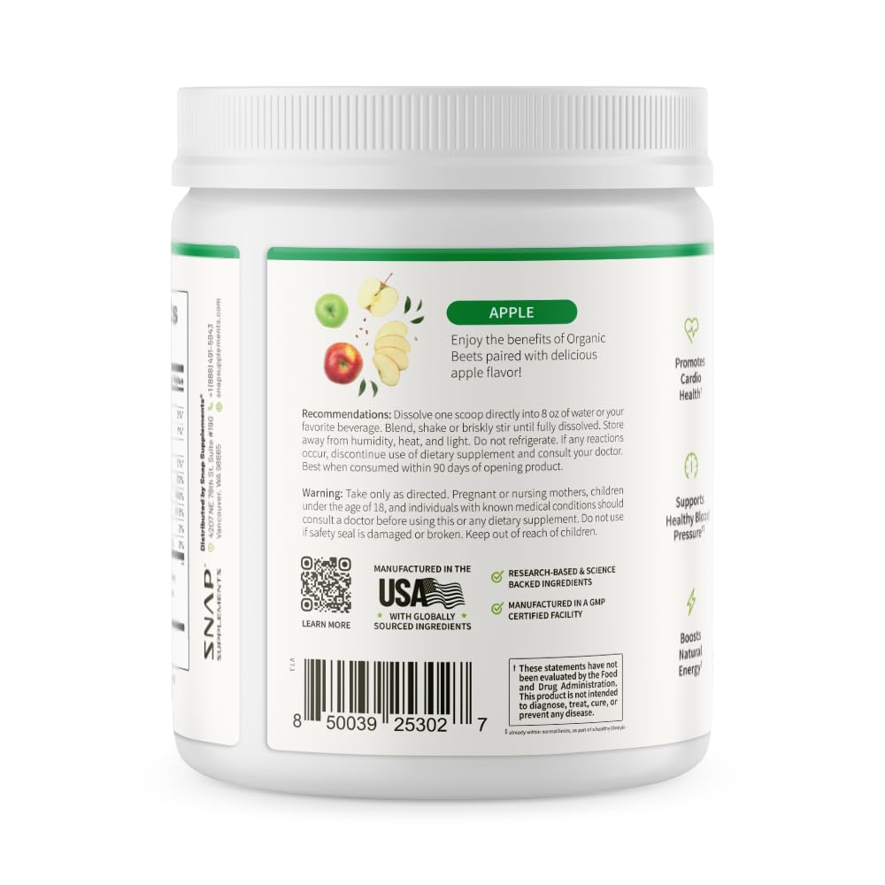 Snap Supplements Organic Beet Root Powder Nitric Oxide Supplement for Men & Women, Red Spinach & Pomegranate, Supports Healthy Energy & Blood Pressure Already - Maple Wellness Supplements