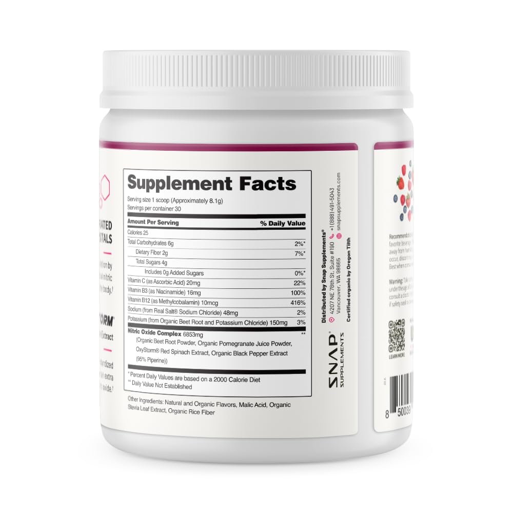 Snap Supplements Organic Beet Root Powder Nitric Oxide Supplement for Men & Women, Red Spinach & Pomegranate, Supports Healthy Energy & Blood Pressure Already in Normal Range, 30 Servings, Mixed Berry - Maple Wellness Supplements