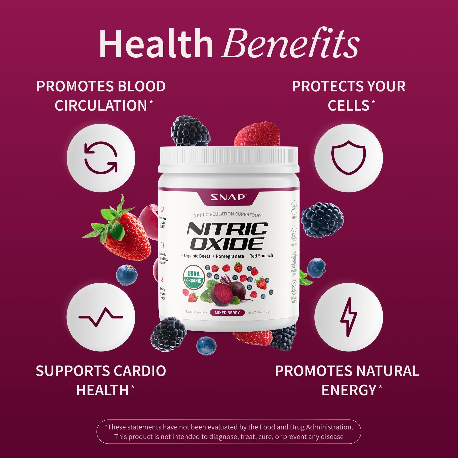 Snap Supplements Organic Beet Root Powder Nitric Oxide Supplement for Men & Women, Red Spinach & Pomegranate, Supports Healthy Energy & Blood Pressure Already in Normal Range, 30 Servings, Mixed Berry - Maple Wellness Supplements