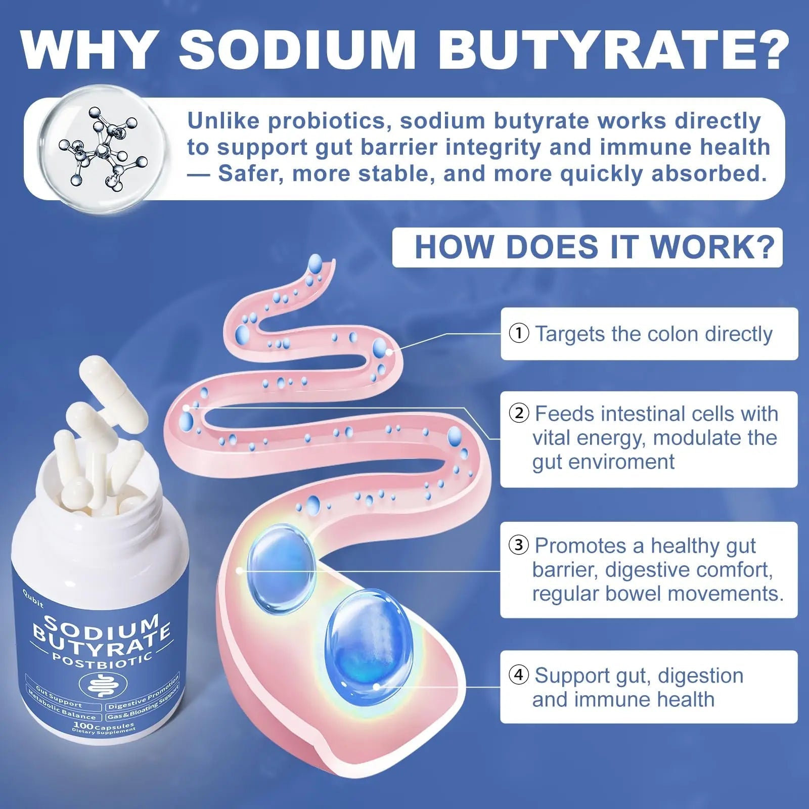 Sodium Butyrate, Butyrate Gut Health Supplement, Postbiotic for Gut, Stomach & Digestive, Support IBS, Leaky Gut, Gas & Bloat, Low Odor, 100 Vegan Capsules - Maple Wellness Supplements