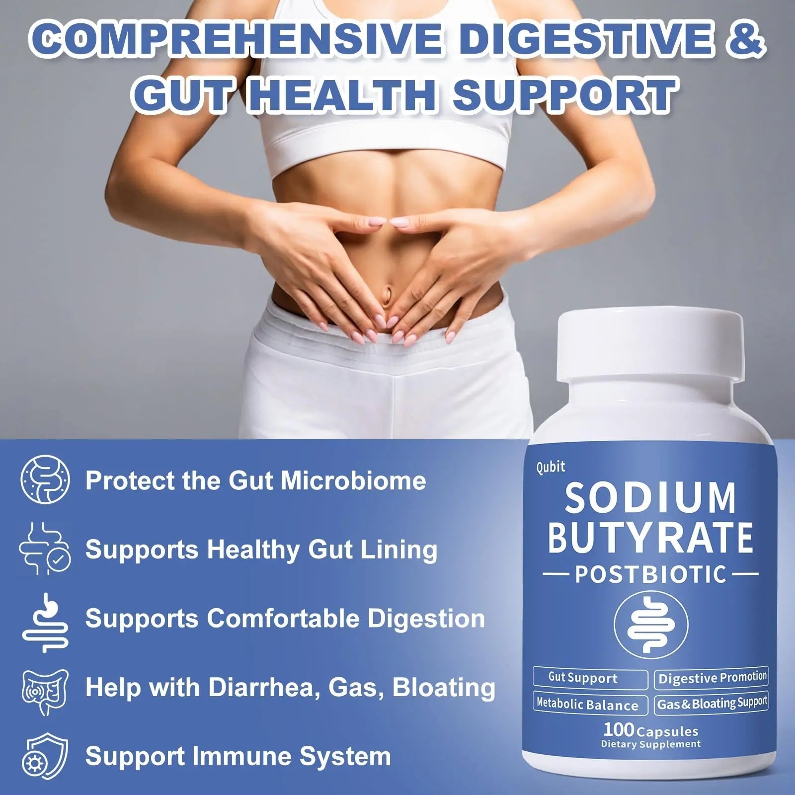 Sodium Butyrate, Butyrate Gut Health Supplement, Postbiotic for Gut, Stomach & Digestive, Support IBS, Leaky Gut, Gas & Bloat, Low Odor, 100 Vegan Capsules - Maple Wellness Supplements