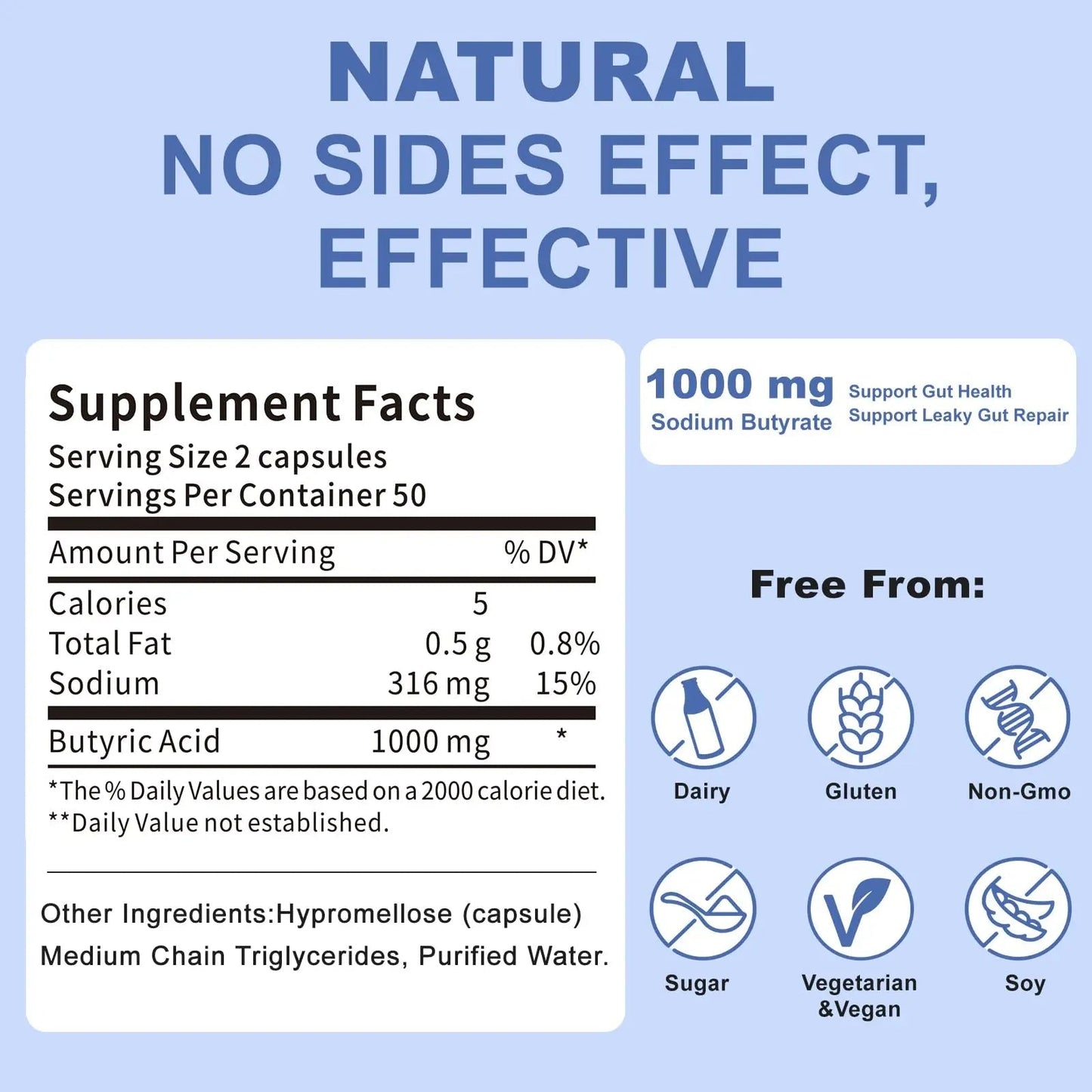 Sodium Butyrate, Butyrate Gut Health Supplement, Postbiotic for Gut, Stomach & Digestive, Support IBS, Leaky Gut, Gas & Bloat, Low Odor, 100 Vegan Capsules - Maple Wellness Supplements