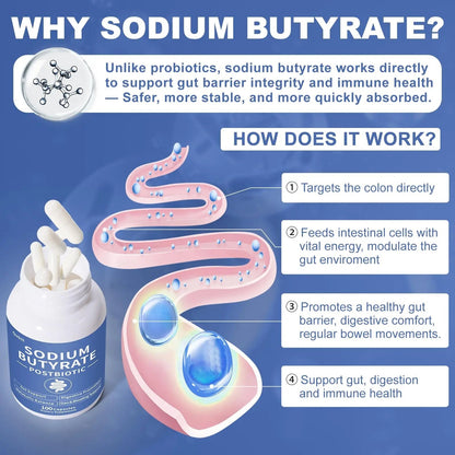 Sodium Butyrate Supplement – Postbiotic for Gut Health, Supports Digestion, IBS, Leaky Gut & Stomach Comfort – Low Odor, Easy to Swallow, No Side Effects – 100 Vegan Capsules - Maple Wellness Supplements