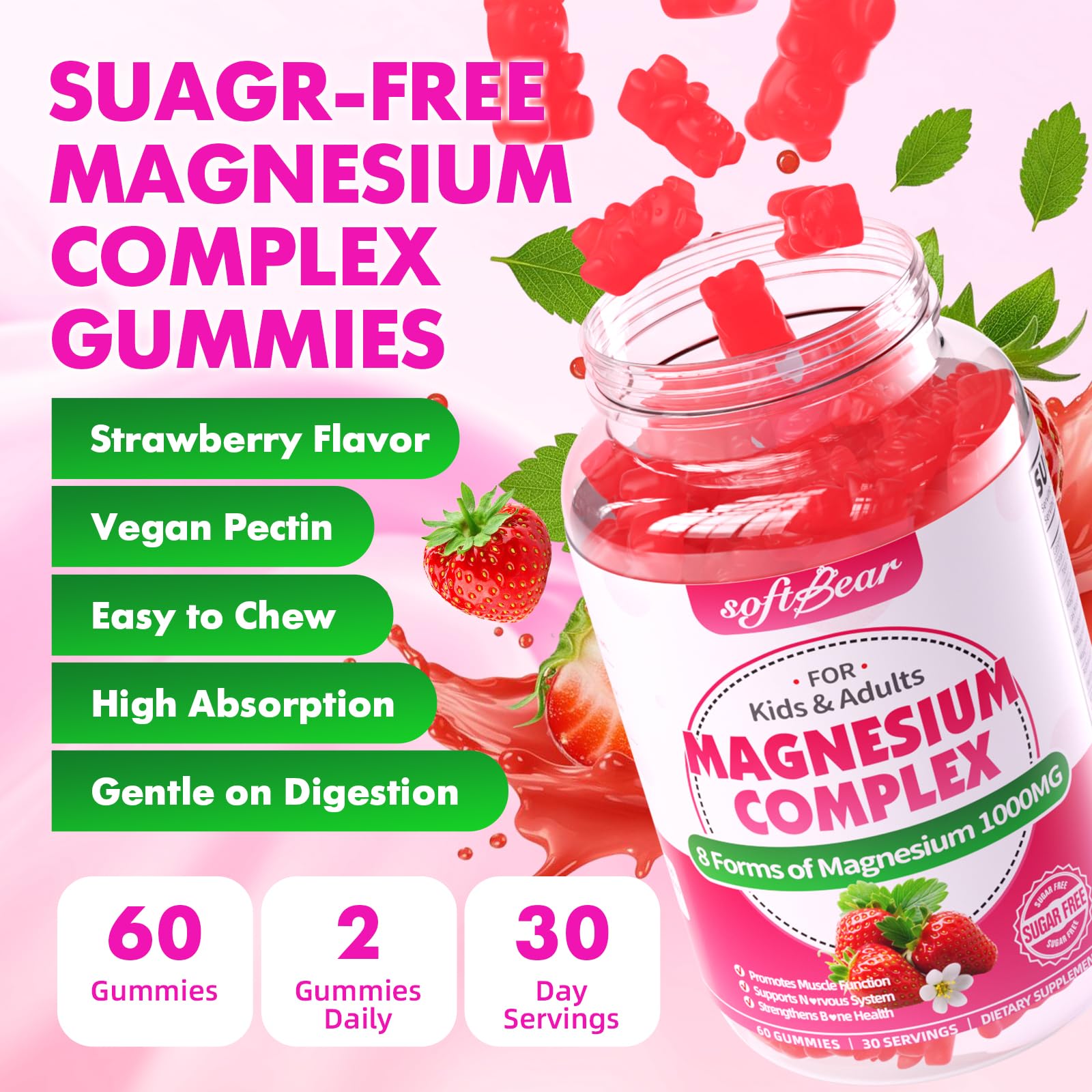 softbear Magnesium Complex Gummies for Women & Men & Kids, 8 in 1 Magnesium Complex Supplement 1000mg-Magnesium Glycinate,Citrate,Malate Supports Calm, Zzz, Muscle Cramp, Strawberry Flavor 120 Count - Maple Wellness Supplements