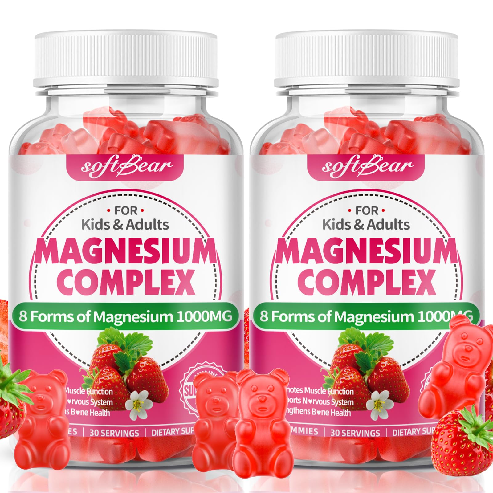 softbear Magnesium Complex Gummies for Women & Men & Kids, 8 in 1 Magnesium Complex Supplement 1000mg-Magnesium Glycinate,Citrate,Malate Supports Calm, Zzz, Muscle Cramp, Strawberry Flavor 120 Count - Maple Wellness Supplements