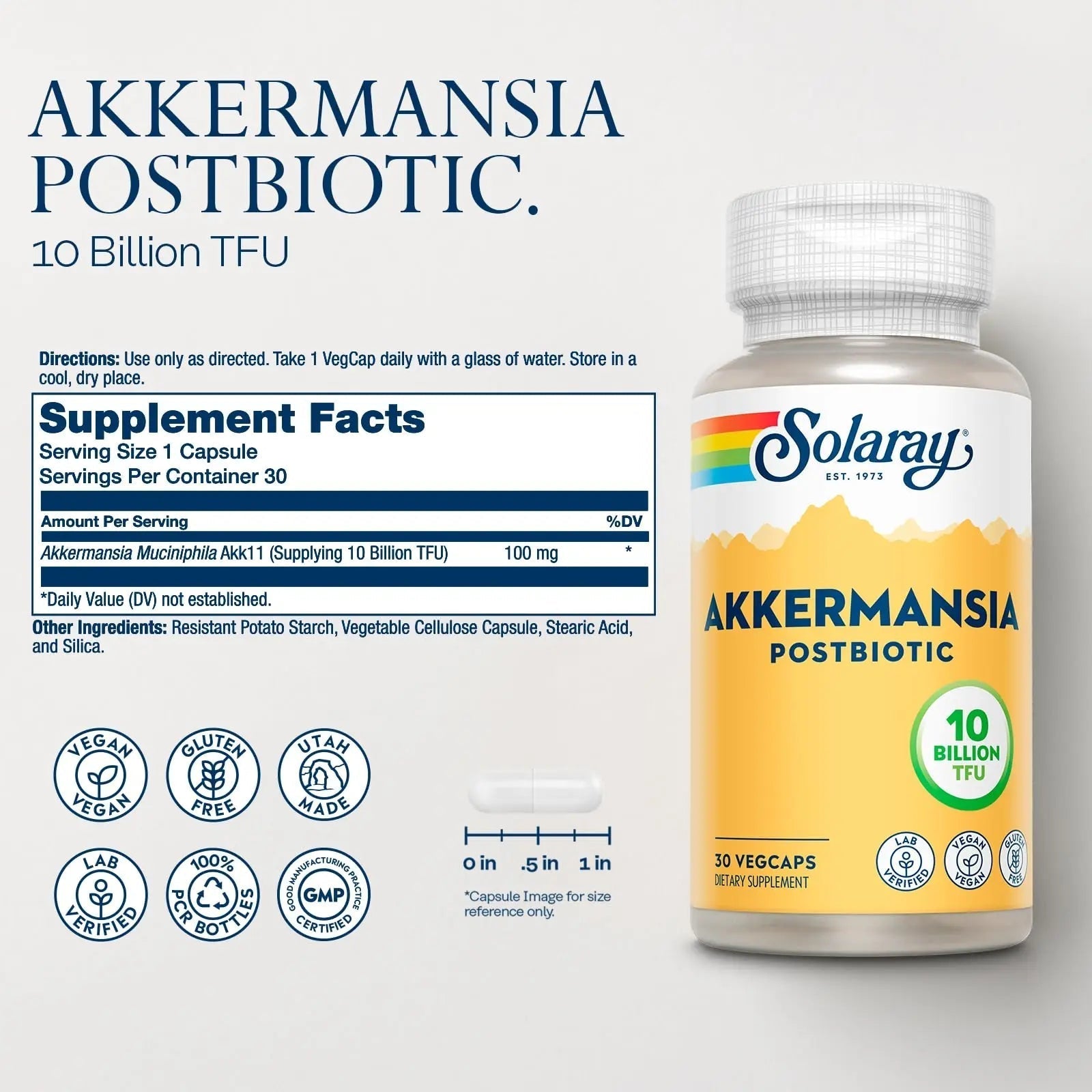 SOLARAY Akkermansia Postbiotic, Akk11, 10 Billion TFU, Beneficial Strain for Gut Health Support, Vegan, Gluten-Free, 60-Day Guarantee, 30 Servings, 30 VegCaps - Maple Wellness Supplements