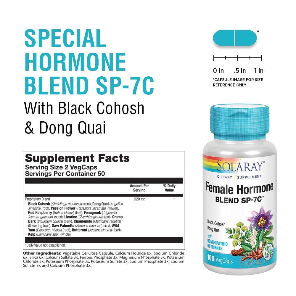SOLARAY Female Hormone Blend SP-7C | W/Black Cohosh, Dong Quai, Passion Flower, Wild Yam & More | 100 VegCaps, 50 Serv. - Maple Wellness Supplements