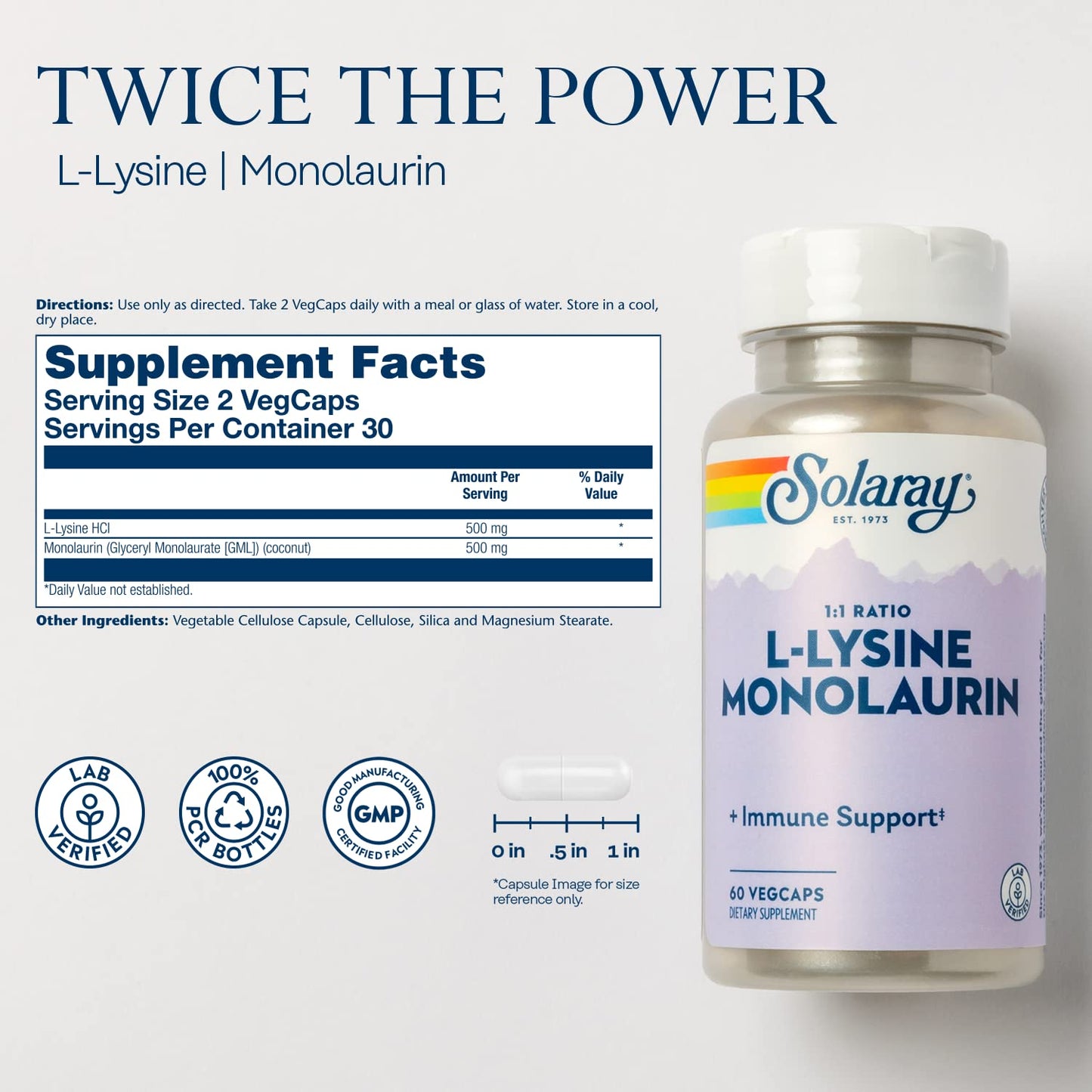 SOLARAY L-Lysine Monolaurin Immune Support Supplement, 1:1 Ratio for Immune System Function, 500 mg Each, 60-Day Money Back Guarantee - Maple Wellness Supplements