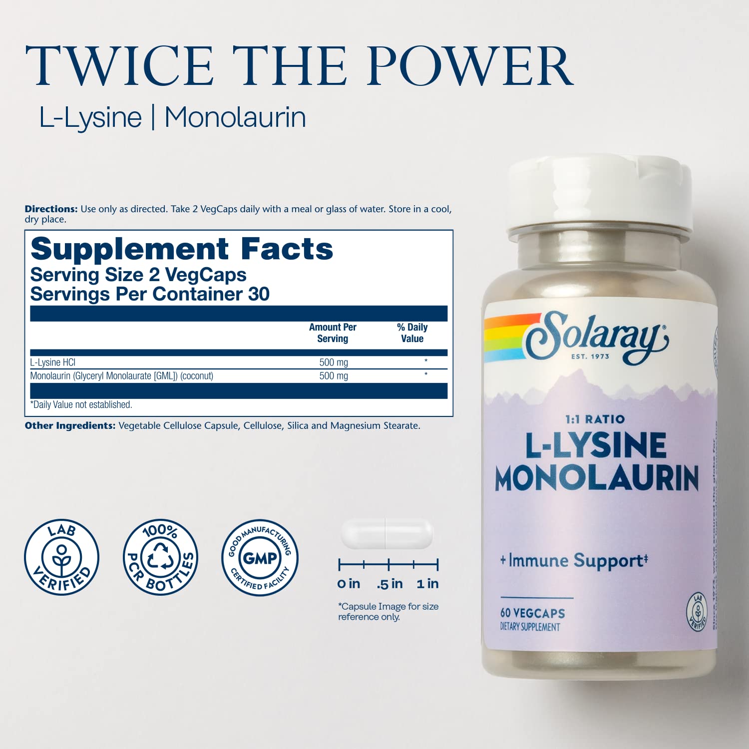 SOLARAY L-Lysine Monolaurin Immune Support Supplement, 1:1 Ratio for Immune System Function, 500 mg Each, 60-Day Money Back Guarantee - Maple Wellness Supplements