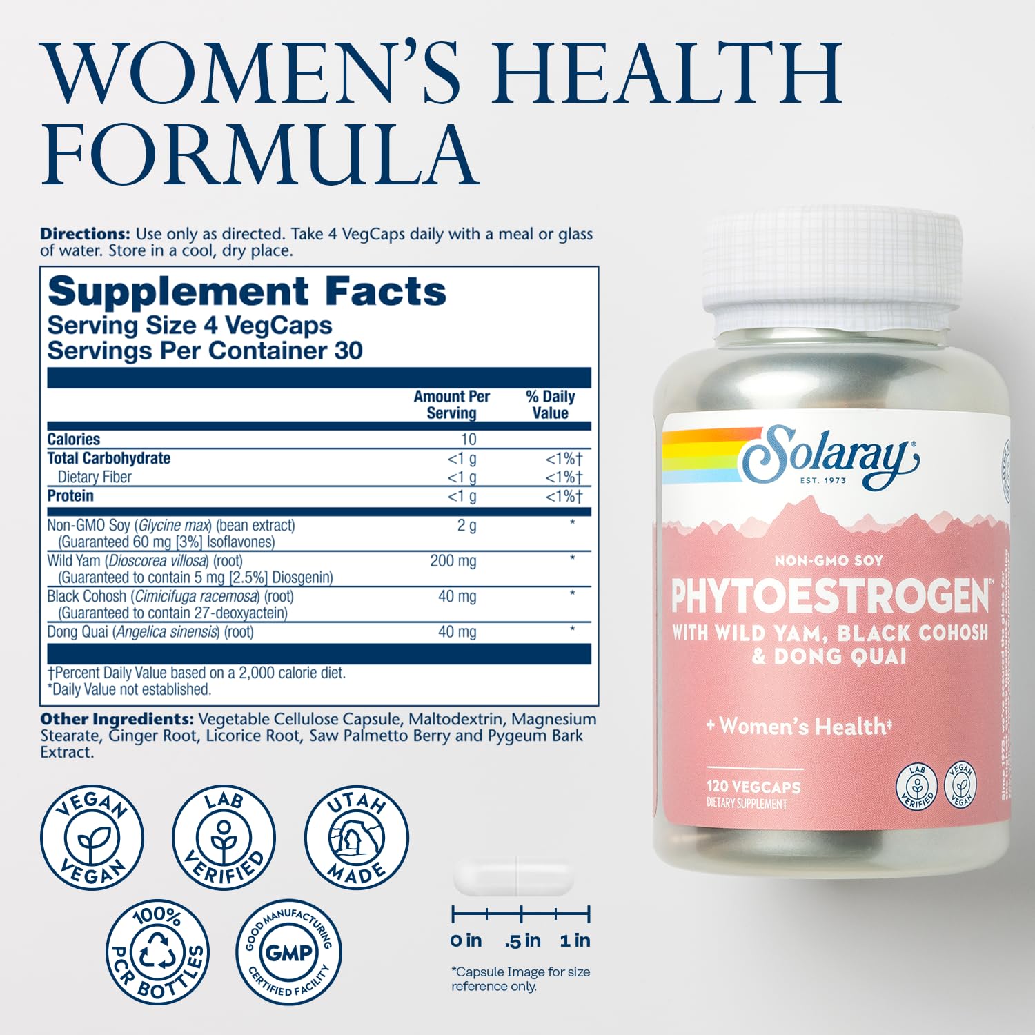 SOLARAY PhytoEstrogen Menopause Supplements - Wild Yam, Black Cohosh, and Dong Quai Estrogen Pills for Women's Health - Vegan, Lab Verified, 60-Day Guarantee (30 Servings, 120 VegCaps) - Maple Wellness Supplements