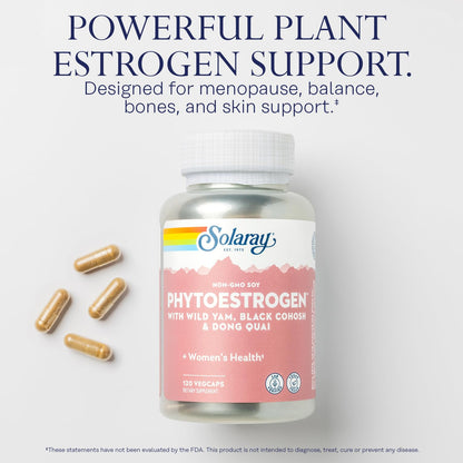 SOLARAY PhytoEstrogen Menopause Supplements - Wild Yam, Black Cohosh, and Dong Quai Estrogen Pills for Women's Health - Vegan, Lab Verified, 60-Day Guarantee (30 Servings, 120 VegCaps) - Maple Wellness Supplements