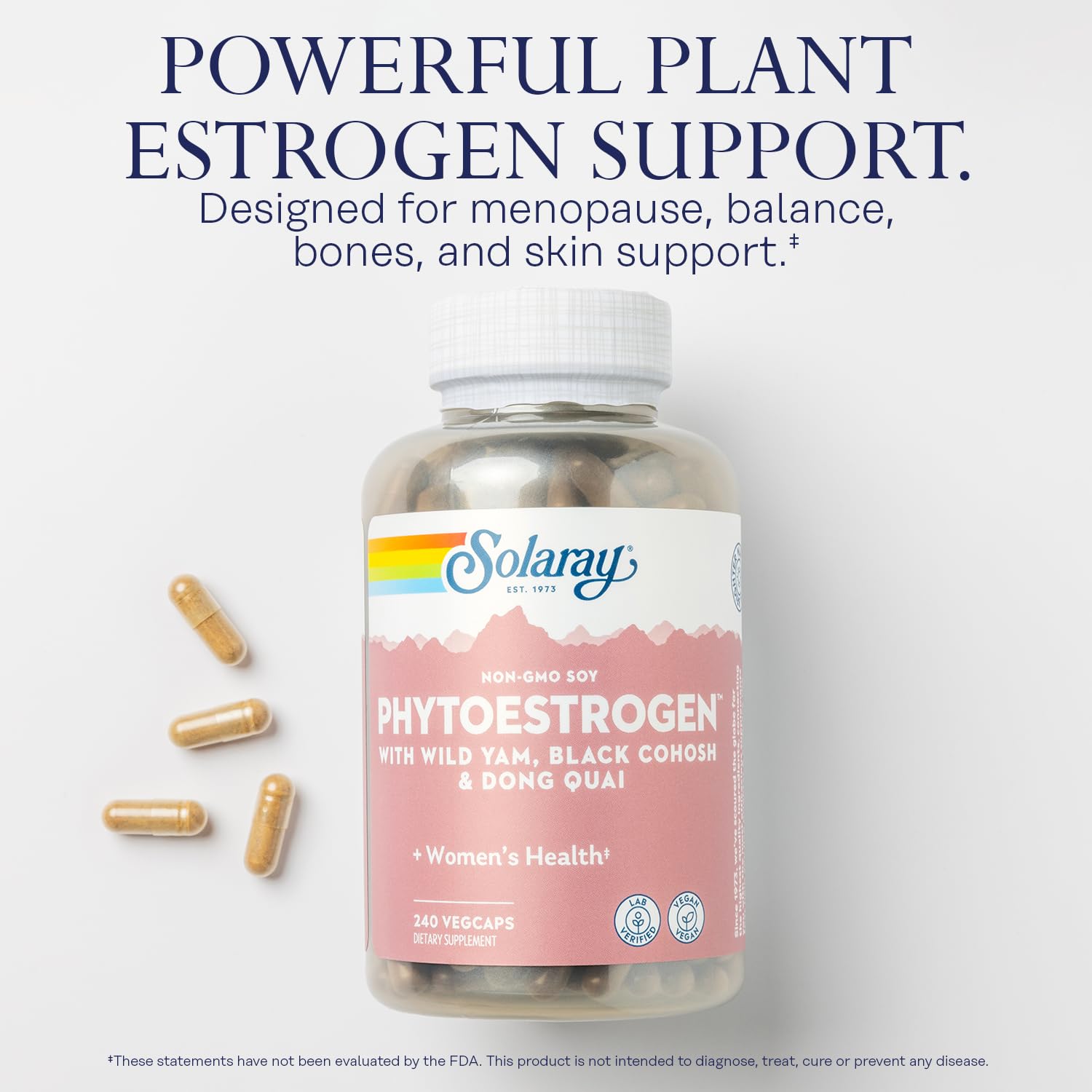 SOLARAY PhytoEstrogen Menopause Supplements with Wild Yam, Black Cohosh and Dong Quai - Phyto Estrogen Pills for Perimenopause and Menopause Support, Vegan, 60-Day Guarantee, 60 Servings, 240 VegCaps - Maple Wellness Supplements