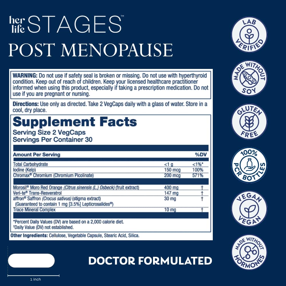 SOLARAY Postmenopause her Life Stages - Post Menopause Supplements for Women with Resveratrol - Vegan and Made Without Hormones - 60-Day Guarantee - Vegan, Lab Verified - 30 Servings, 60 VegCaps - Maple Wellness Supplements