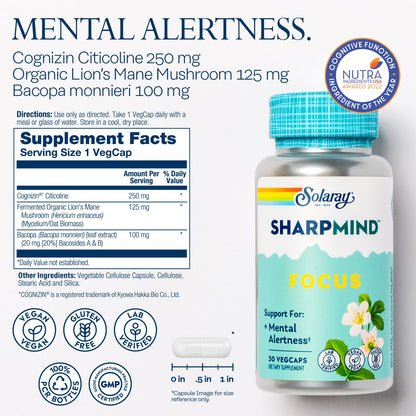 SOLARAY SharpMind Focus, Mental Alertness Nootropic Supplement, Memory Support, Each Capsule with Cognizin Citicoline, Vegan, 60 Day Money Guarantee, 30 Serv 30 Vegetarian Capsules Pills - Maple Wellness Supplements