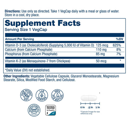 SOLARAY Vitamin D3 K2, K2 D3 Vitamin Supplement for Calcium Absorption, Bone Strength, Cardiovascular & Immune Function Support, Made Without Soy, 60-Day Guarantee, 60 Servings, 60 VegCaps - Maple Wellness Supplements