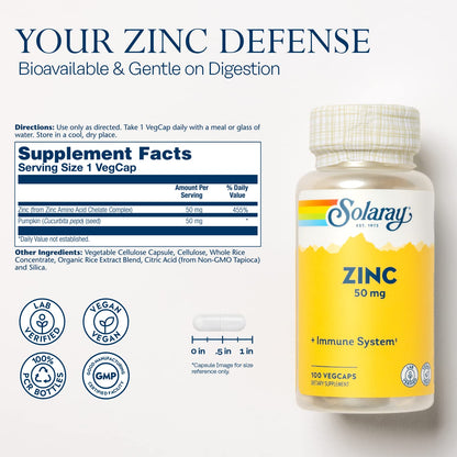 Solaray Zinc 50mg Immune Support Capsules, 100 Count, Vegan, Pumpkin Seed - Maple Wellness Supplements