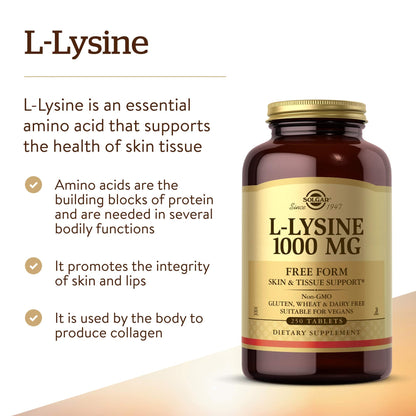 Solgar L-Lysine 1000 mg, 250 Tablets - Enhanced Absorption and Assimilation - Promotes Integrity of Skin and Lips - Collagen Support - Amino Acids - Maple Wellness Supplements