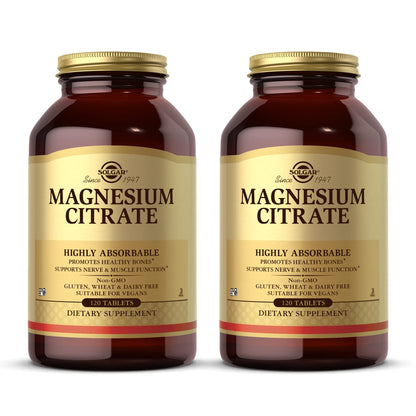 Solgar Magnesium Citrate - 120 Tablets, Pack of 2 - Promotes Healthy Bones, Supports Nerve & Muscle Function - Highly Absorbable - Non-GMO, Vegan, Gluten Free, Kosher - 120 Total Servings - Maple Wellness Supplements