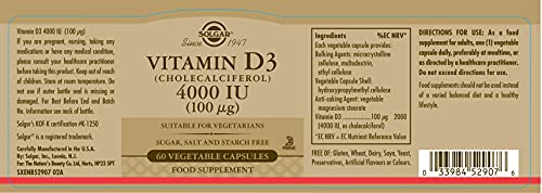 Solgar Vitamin D3 4000 IU (100 µg) Vegetable Capsules - Pack of 60 - Cholecalciferol - Maple Wellness Supplements