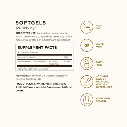 Solgar Vitamin D3 (Cholecalciferol) 250 MCG (10,000 IU), 120 Softgels - Helps Maintain Healthy Bones & Teeth - Immune System Support - Maple Wellness Supplements