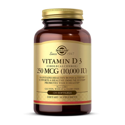Solgar Vitamin D3 (Cholecalciferol) 250 MCG (10,000 IU), 120 Softgels - Helps Maintain Healthy Bones & Teeth - Immune System Support - Maple Wellness Supplements