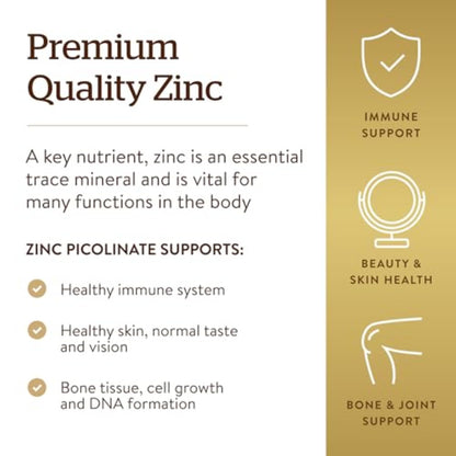 Solgar Zinc Picolinate 22 mg, 100 Tablets - Promotes Healthy Skin - Supports Immune System, Normal Taste & Vision - Antioxidant – Non-GMO, Vegan - Maple Wellness Supplements