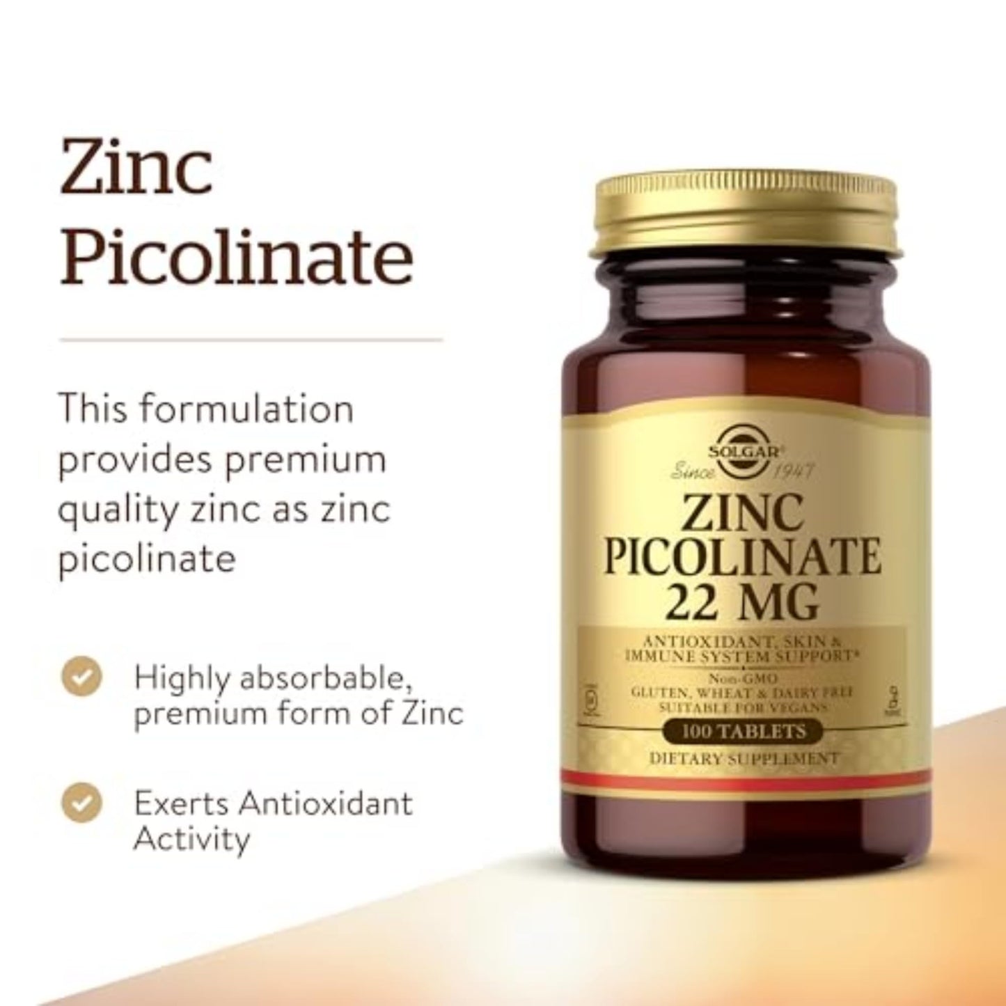 Solgar Zinc Picolinate 22 mg, 100 Tablets - Promotes Healthy Skin - Supports Immune System, Normal Taste & Vision - Antioxidant – Non-GMO, Vegan - Maple Wellness Supplements