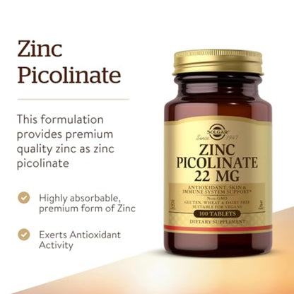 Solgar Zinc Picolinate 22 mg, 100 Tablets - Promotes Healthy Skin - Supports Immune System, Normal Taste & Vision - Antioxidant – Non-GMO, Vegan - Maple Wellness Supplements