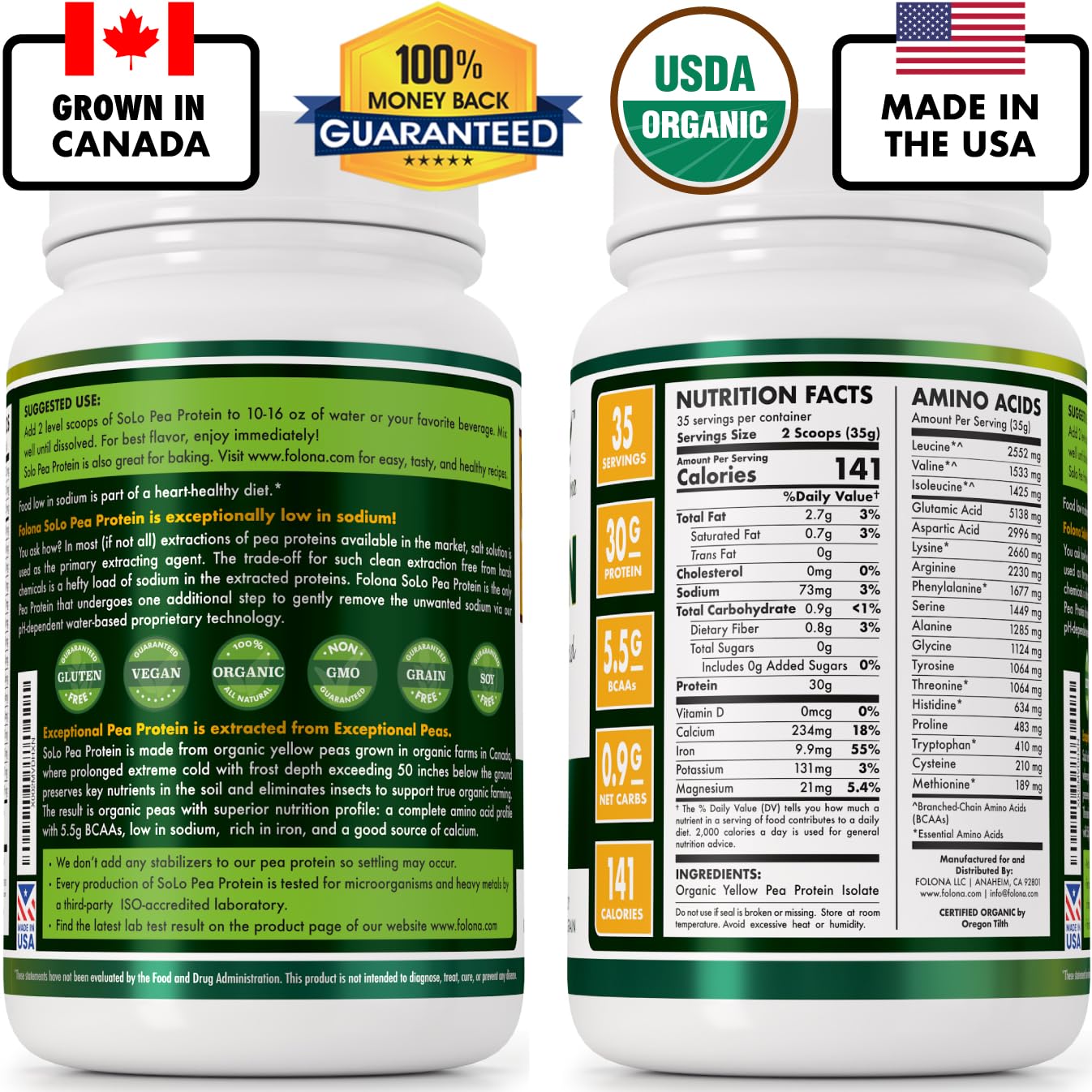 SOLO Organic Pea Protein Isolate, Low in Sodium, Canada Grown Peas, 100% Vegan, Non-GMO, Unflavored Plant Based Protein Powder with BCAA, Keto & Paleo Friendly, - Maple Wellness Supplements