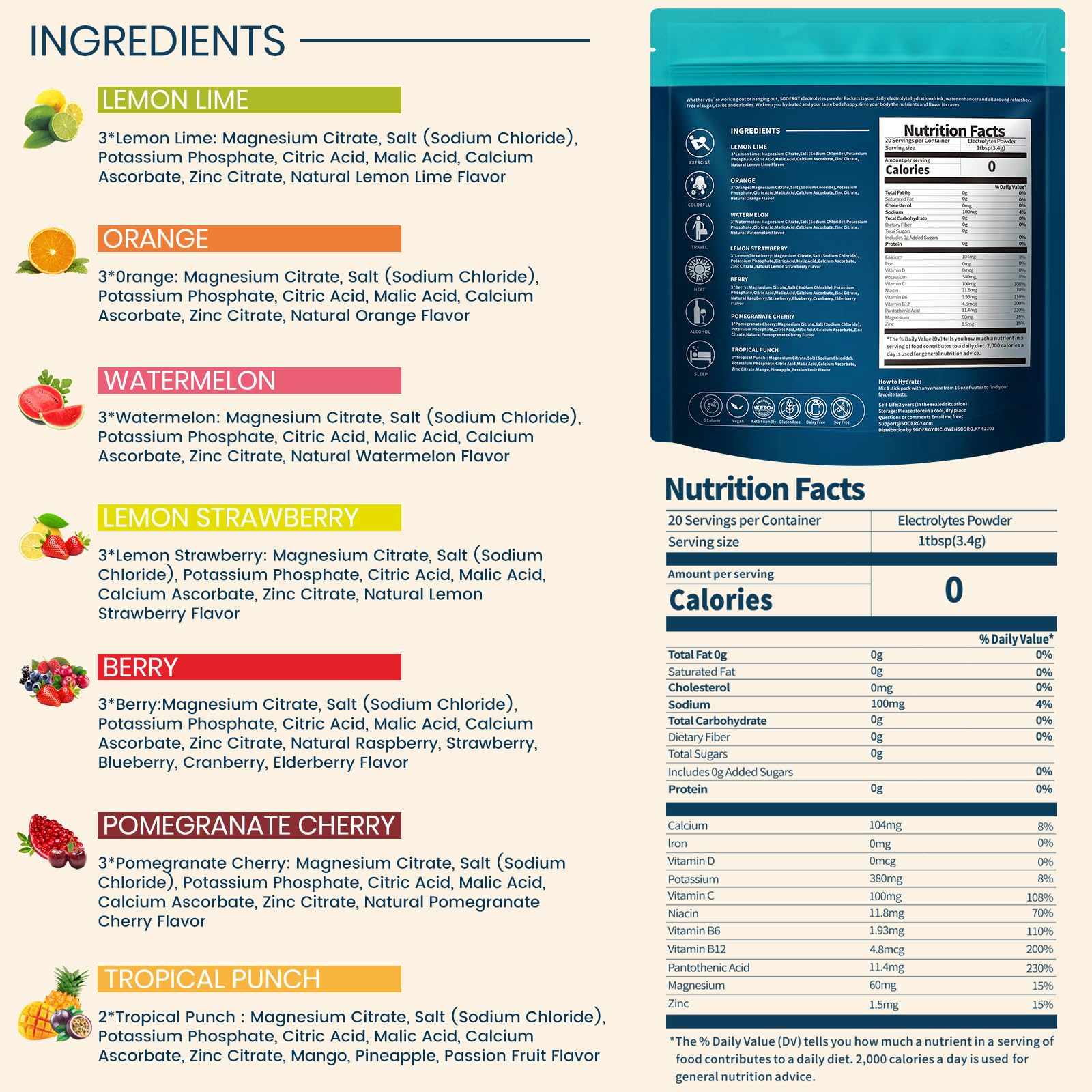 Sooergy Electrolytes Powder Packets Sugar Free Hydration Packets, 7 Flavors Liquid Daily IV Electrolyte Drink Mixes for Rehydration - Maple Wellness Supplements