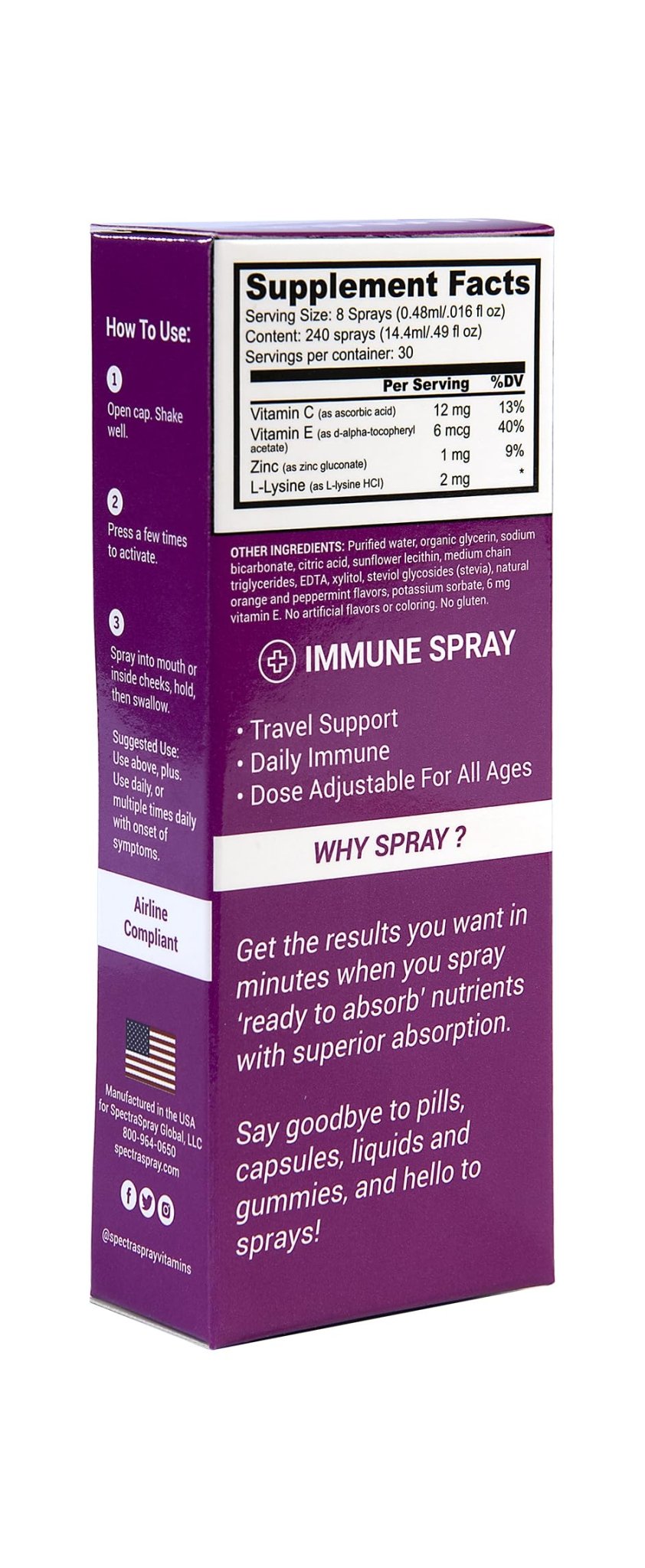 Spectraspray Immune Support Vitamin Spray - Vitamins C, E, Zinc and L-Lysine, 30 Day Supply per Spray - Maple Wellness Supplements