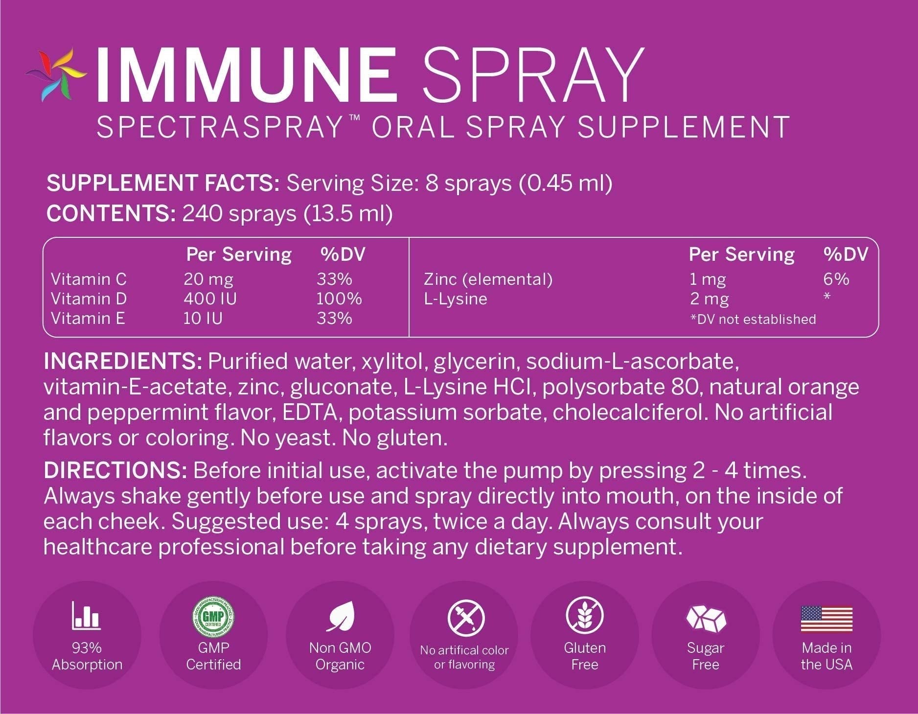 Spectraspray Immune Support Vitamin Spray - Vitamins C, E, Zinc and L-Lysine, 30 Day Supply per Spray - Maple Wellness Supplements