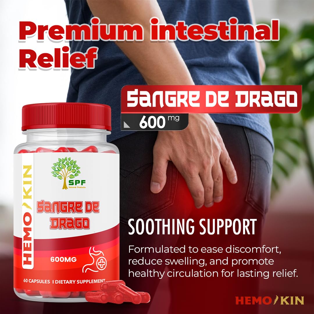 SPF Natural Products HEMOKIN with Sangre de Drago – Hemorrhoid and Fissure Relief Supplement, Helps with Itching, Swelling, Pain Relief (60 Caps) (1) - Maple Wellness Supplements